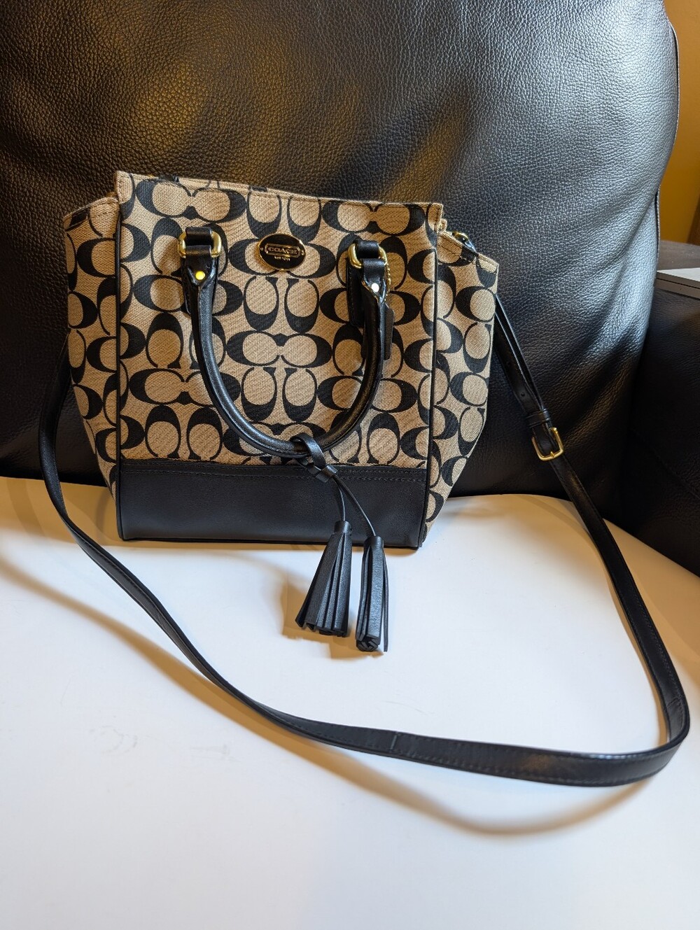 Coach Black and Tan Signature Canvas Crossbody Tote